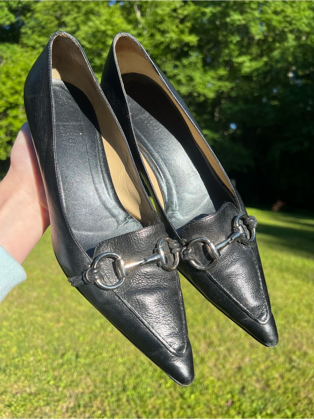 Gucci Black Pointed Toe Leather Heels with Silver Horsebit